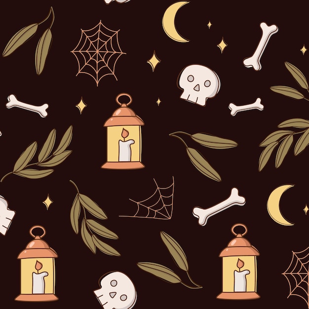 Vector seamless pattern of halloween autumn icons. Skull, bones, lantern, moon, stars, web, leaves