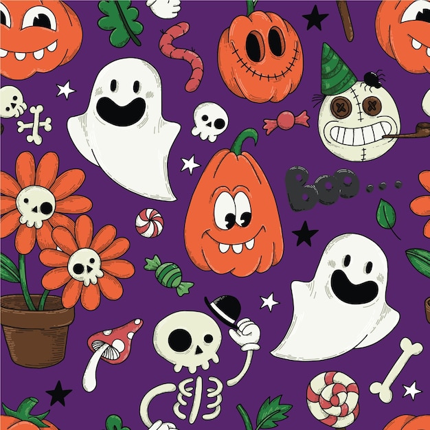 vector seamless pattern for halloween. cute characters, ghosts, pumpkins, skeletons on a violet