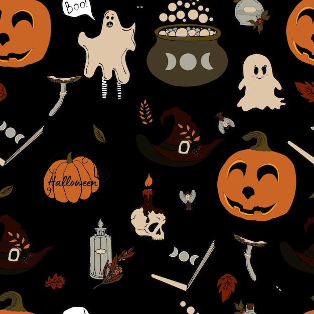 Vector seamless pattern halloween eps Doodle potion and wiccan symbols pumpkin and skull mushrooms and autumn leaves