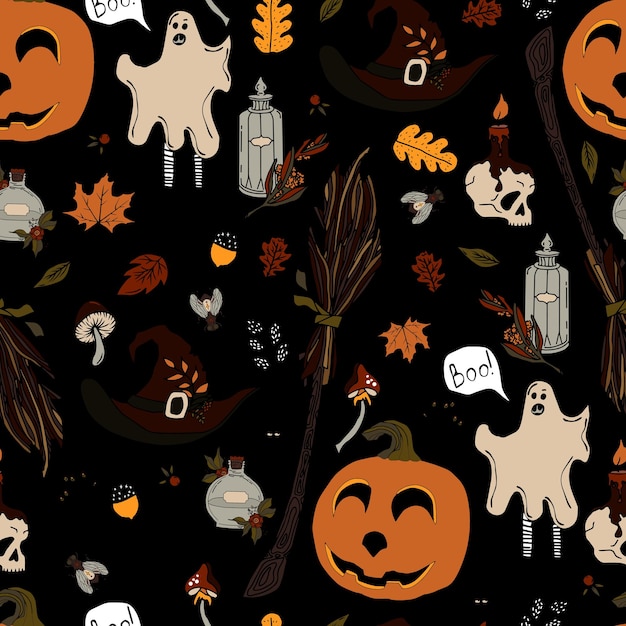 Vector seamless pattern halloween eps Doodle potion and wiccan symbols pumpkin and skull mushrooms and autumn leaves