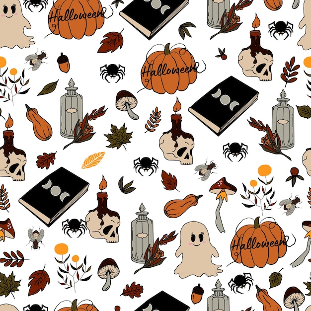 Vettore vector seamless pattern halloween eps doodle pozione e simboli wicca zucca e teschio funghi e foglie d'autunno