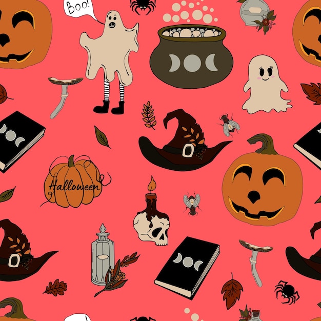 Vector seamless pattern halloween eps Doodle potion and wiccan symbols pumpkin and skull mushrooms and autumn leaves