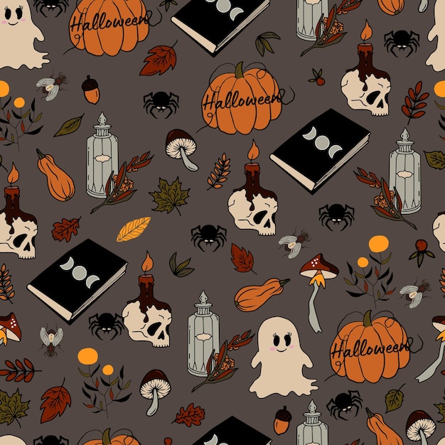 Vector seamless pattern halloween eps doodle pozione e simboli wicca zucca e teschio funghi e foglie d'autunno