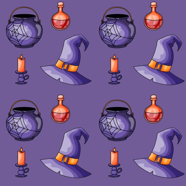 Vector vector seamless pattern halloween holiday pumpkin hat broom cauldron