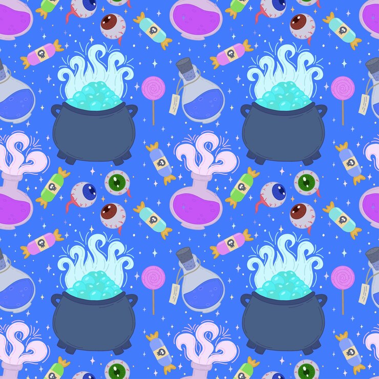 Vector vector seamless pattern for halloween icons with potions eyes candies lollipops for halloween