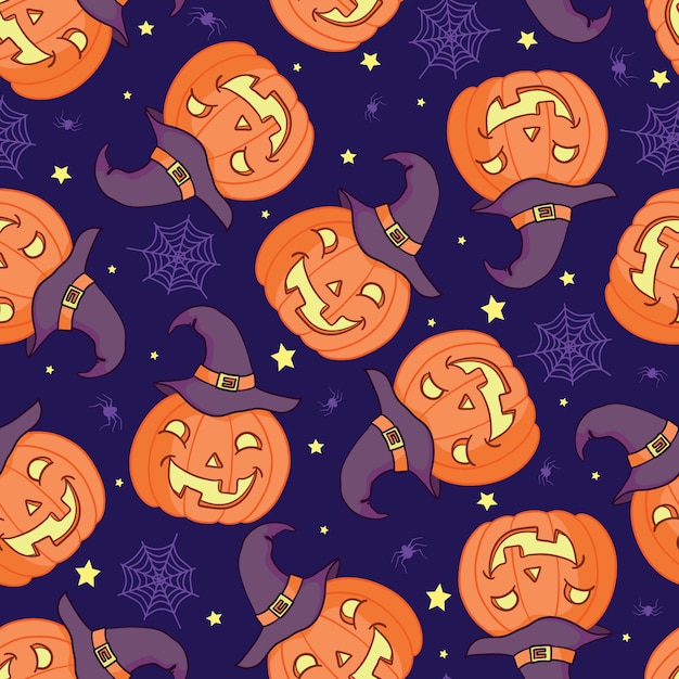 Vector seamless pattern for Halloween. Pumpkin, ghost, bat, candy, and other items on Halloween theme. Bright cartoon pattern for Halloween