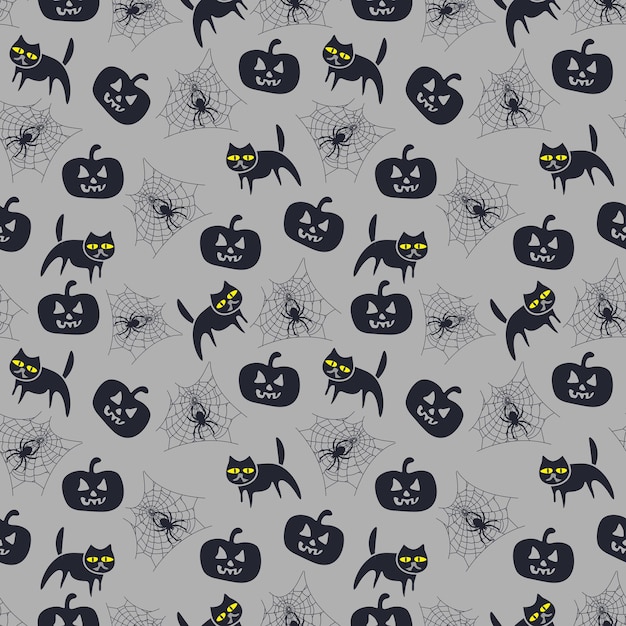 Vector seamless pattern for halloween with cat and pumpkin