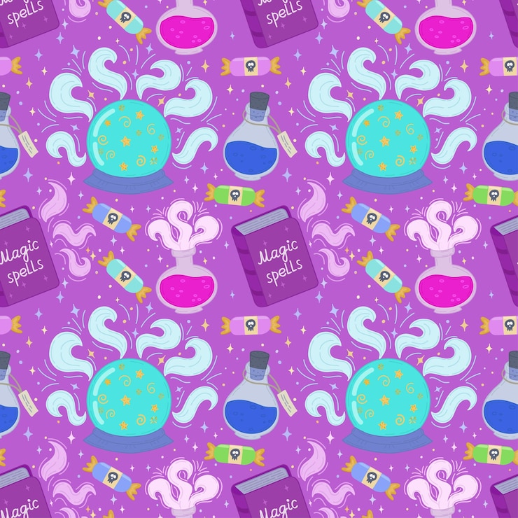 Vector vector seamless pattern for halloweenbadges with a magic balla book about magicpotions hallowen