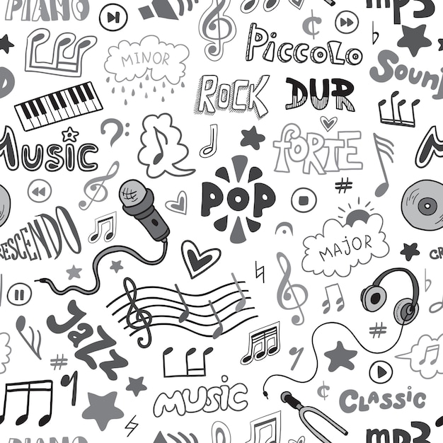 Motivo vettoriale senza giunture di scarabocchi disegnati a mano su un tema musicale simboli e parole musicali incolori