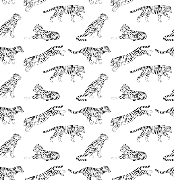 Vector seamless pattern of hand drawn flat tiger