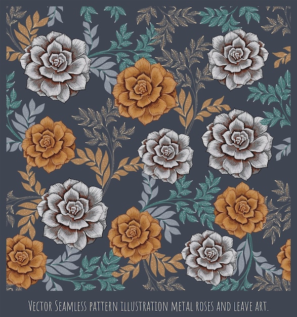 Vector seamless pattern illustrazione disegnata a mano rose in metallo e lasciare l'arte