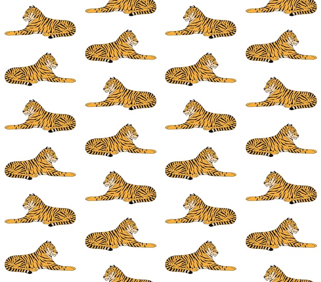 Vector seamless pattern of hand drawn lying tiger