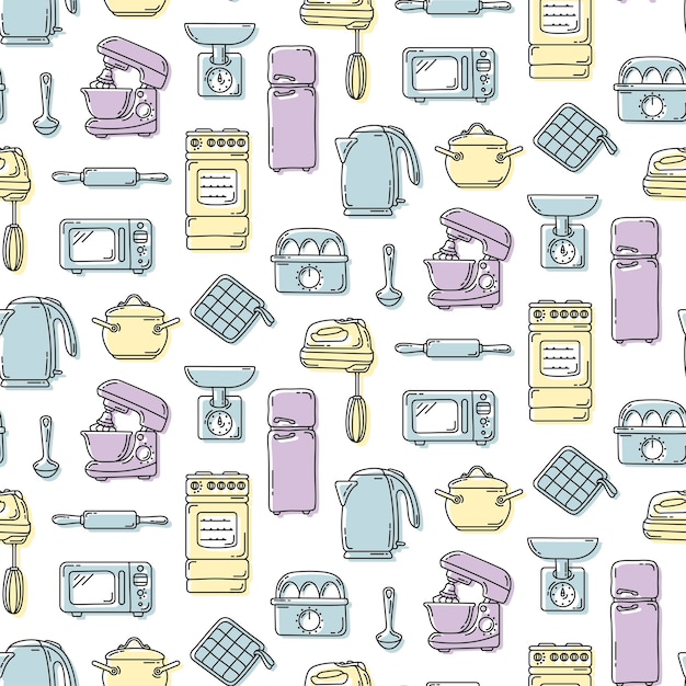 Vector seamless pattern in a handdrawn style with a colored backgrounds kitchen utensils household appliances
