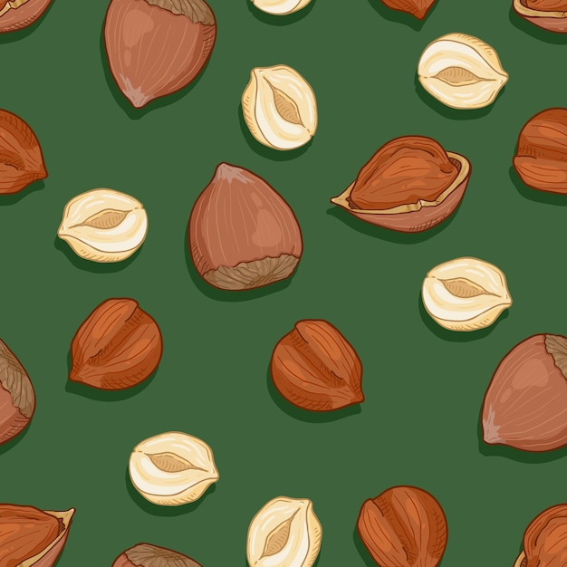 Vector seamless pattern of hazelnuts on green background