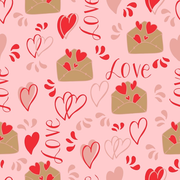 Vector seamless pattern of hearts and gifts with congratulations declaration of love on Valentine's Day 14 February Background for invitations wallpaper wrapping paper and scrapbooking