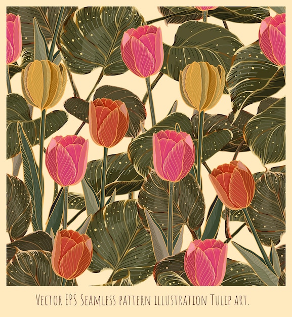 Arte dell'illustrazione del modello senza cuciture di vettore dei fiori del tulipano con la linea dorata.