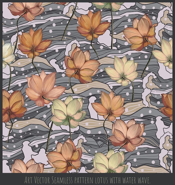 Vector seamless pattern illustration blooming lotus art with water wave line