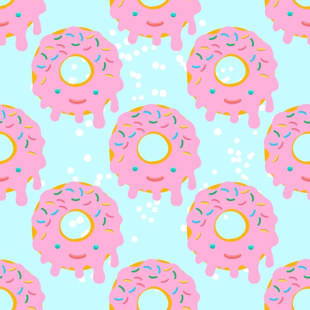 Vector vector seamless pattern illustration of donuts in pink glaze on a light blue background