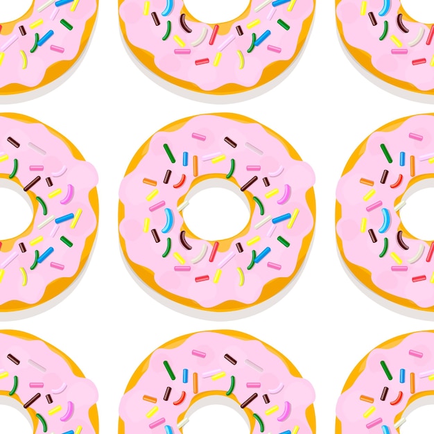 흰색 배경에 분홍색 유약에 도넛의 벡터 원활한 패턴 그림