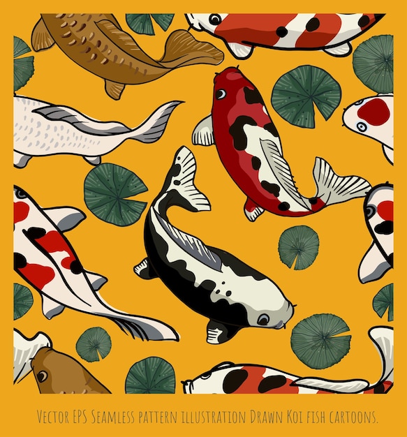 Vector seamless pattern illustration group of drawn koi fish cartoons