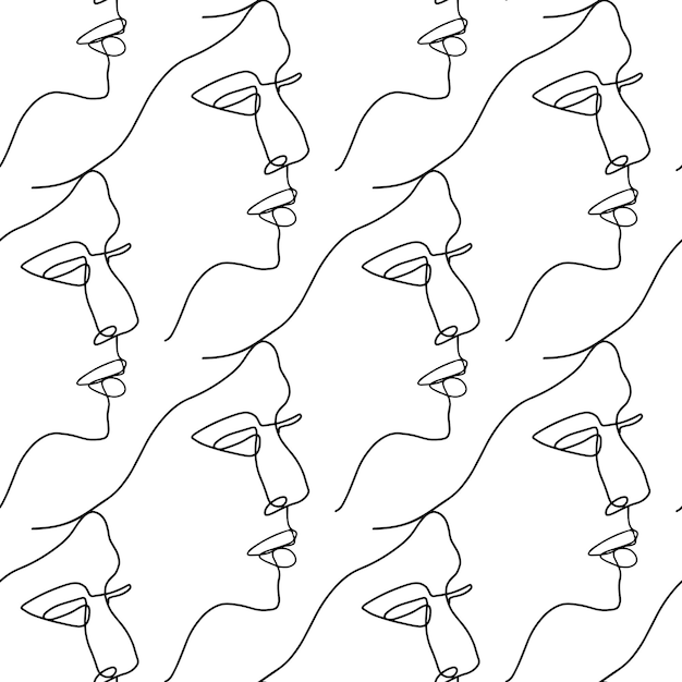 흰색 배경에 라인 아트 스타일의 여성 얼굴이 있는 벡터 원활한 패턴 그림