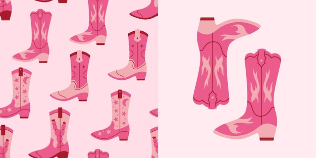 Vector vector seamless pattern and illustration with pink retro cowgirl boots y2k background and card with pink cowboy fashion boots vintage western design