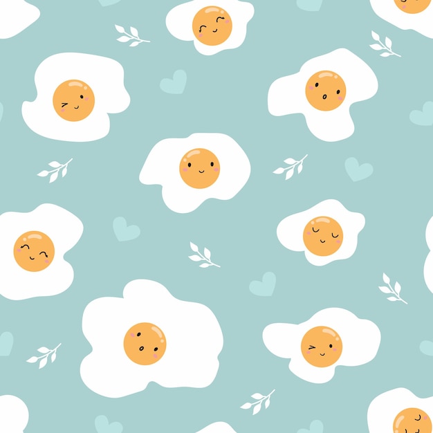 귀여운 귀여운 튀긴 계란 귀여운 만화 캐릭터 디자인의 벡터 완벽 한 패턴