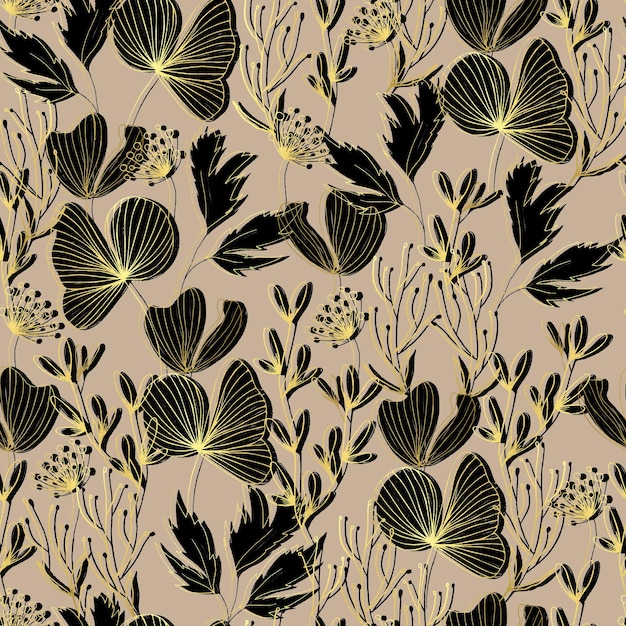 Vector seamless pattern of leaves and twigs Golden botanical illustration