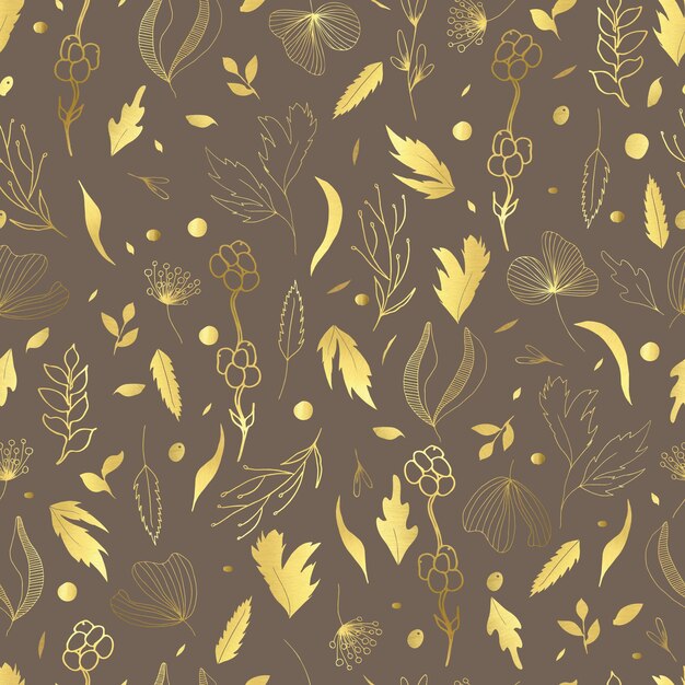 Vector seamless pattern of leaves and twigs Golden botanical illustration