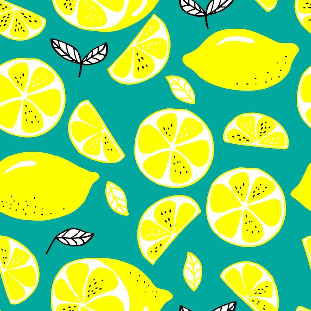 Vector seamless pattern lemons and sliced lemons on a pastel background