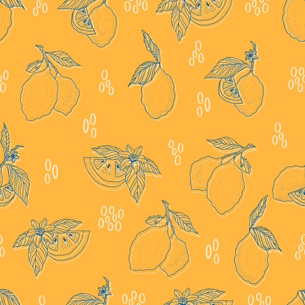 ピンクの背景にシームレスなパターンのレモンとスライスしたレモンをベクトルします。背景の生地の紙の織物の招待状のWebページの夏のレモンパターン