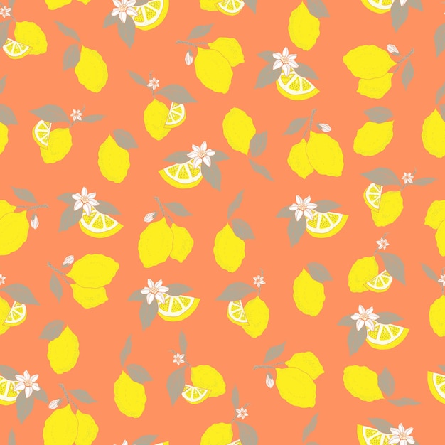 Vector seamless pattern lemons and sliced lemons on a pink background Summer lemon pattern for background fabric paper textile invitations web pages