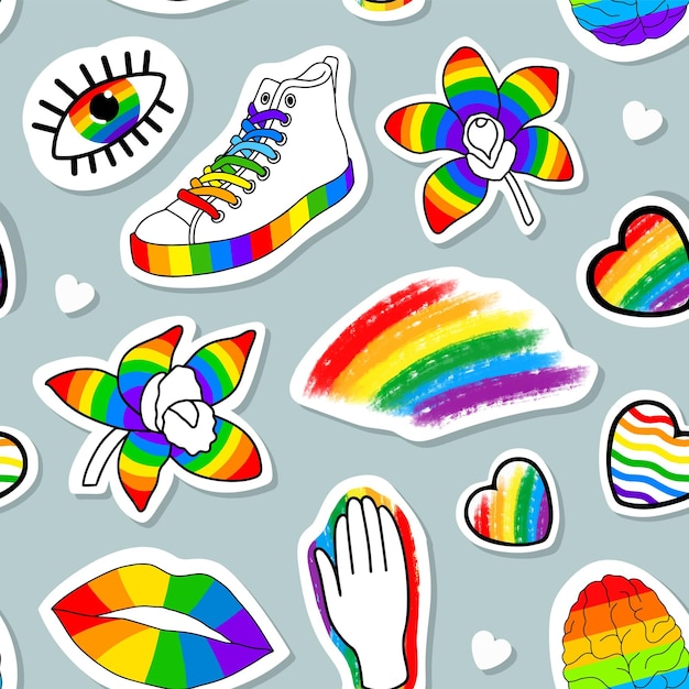 vector seamless pattern of lgbt stickers and symbols hand drawn illustration for pride month