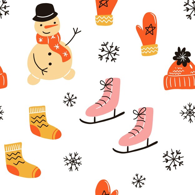 Vector seamless pattern on light background Mittens and warm socks and hats for winter holidays snowman and presents Cozy winter texture for gifts wrapping paper and others