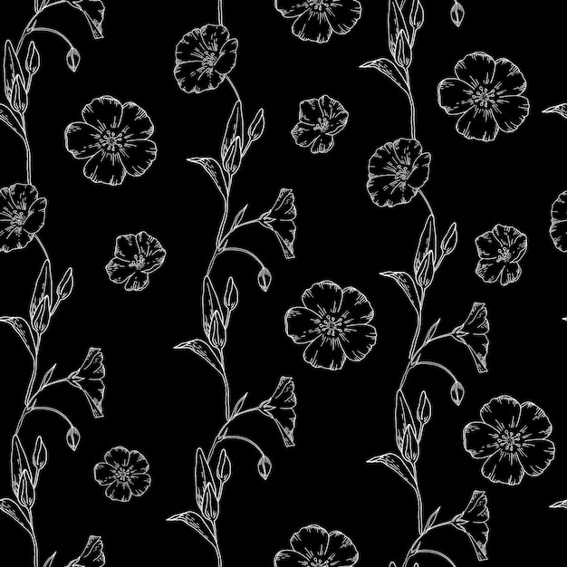 Vector seamless pattern of linear figured flax flowers doodle style