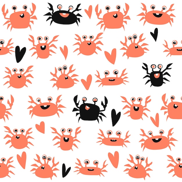 Vector seamless pattern marine hand drawn black and red cartoon crab on the white sea animals
