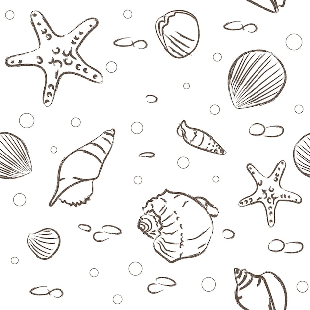 Vector vector seamless pattern marine theme line drawing seashells star pebble