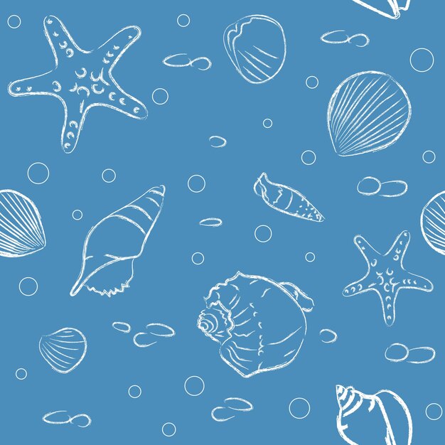 ベクトル ベクターのシームレスなパターン 海洋のテーマ 線画 貝殻 星 小石