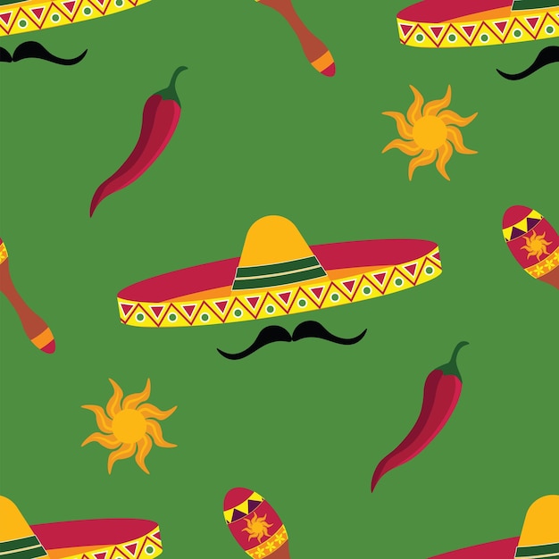 メキシコをテーマにしたオブジェクト楽器ソンブレロ帽子野菜のシームレスなパターン ベクトル