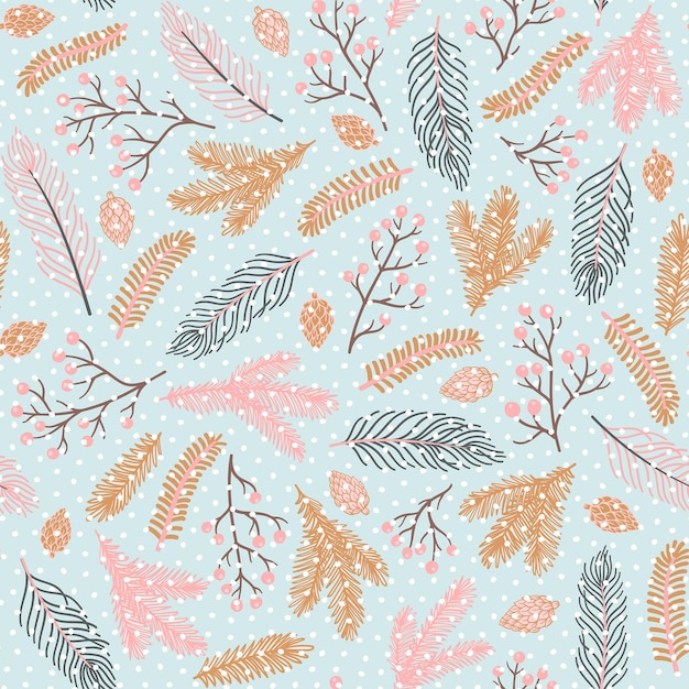 Vector seamless pattern for New Year and Christmas. Cute hand-drawn illustrations with branches, cones, and many decorative elements.
