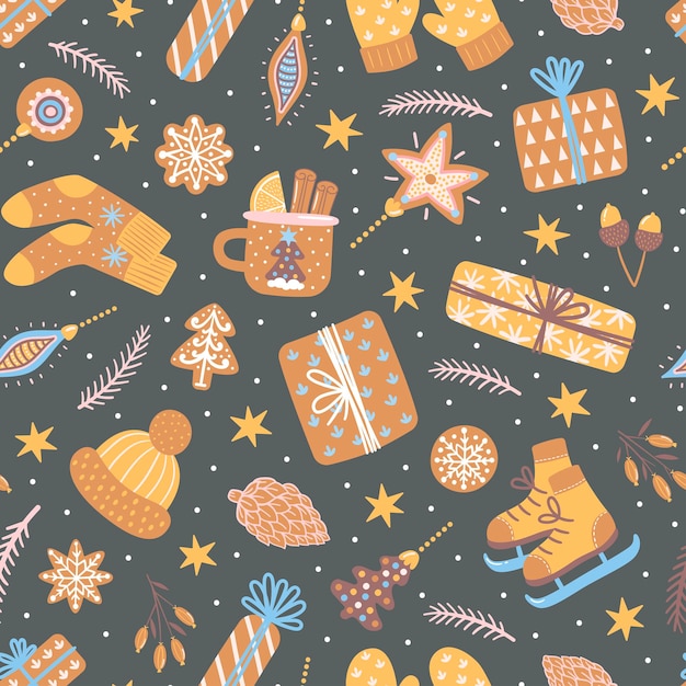 Vector seamless pattern for New Year and Christmas illustration with seasonal decorative elements