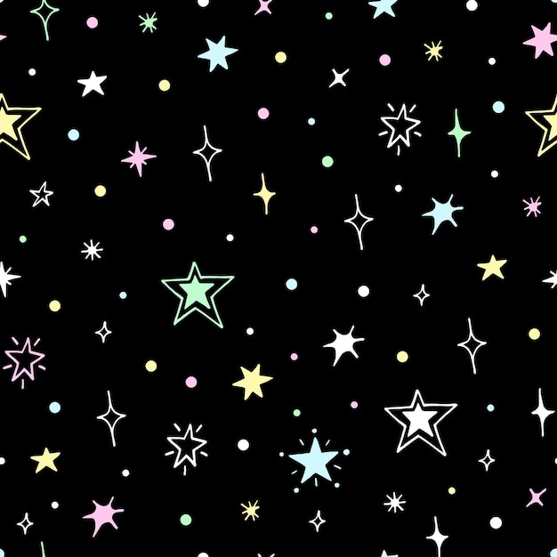 Vector seamless pattern of night starry sky. For design of surfaces, prints, wrapping paper, postcards, posters, printing. Theme space, Cosmonautics Day, astronomy, sky, stars