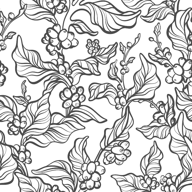 Векторный бесшовный рисунок кофейного дерева, ветки, листьев, фасоли. natura простой принт, тропический фон цветочный силуэт, ручная иллюстрация художественной линии экзотическая текстура летняя плантация, богатый урожай