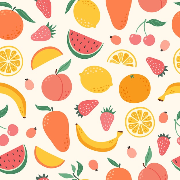 다채로운 과일과 열매의 벡터 원활한 패턴 손으로 그린 과일과 함께 여름 인쇄