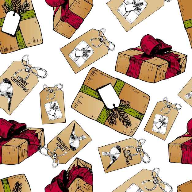 선물 상자와 크리스마스 배지의 완벽 한 패턴 벡터. 손으로 그린 빈티지 아트. 공예 종이 Diy 선물.