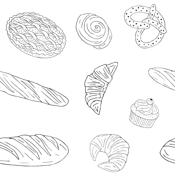 手描きのパン屋さんのシームレスなパターン ベクトル