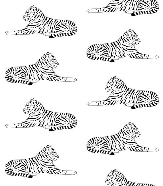 Векторный бесшовный рисунок лежащего тигра, нарисованного вручную