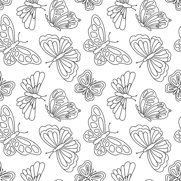 Vector seamless pattern. Outline butterfly illustration for coloring page fabric textile background