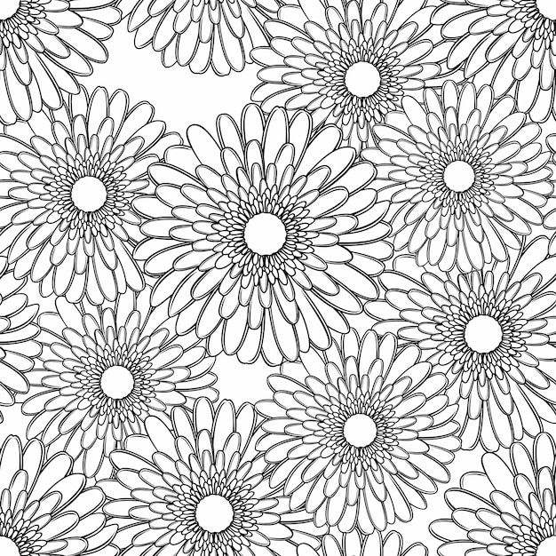 Vector seamless pattern of outline gerbera flowers