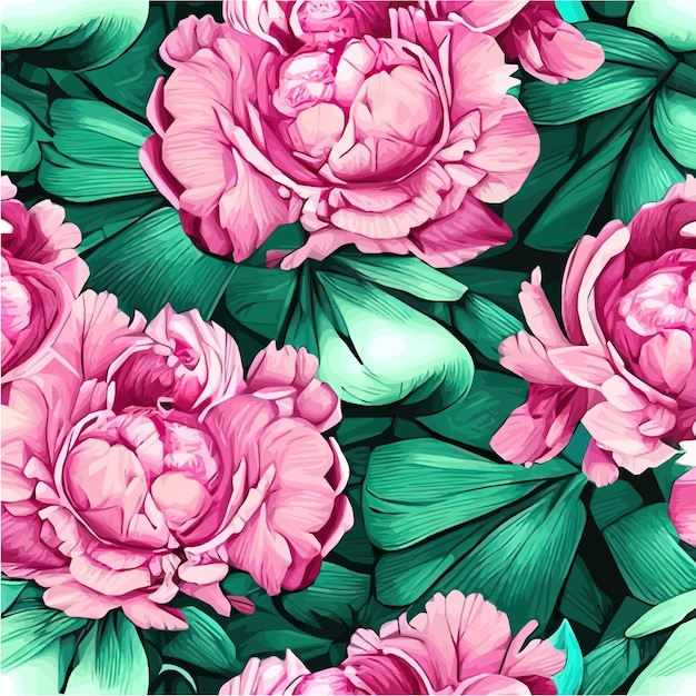 Vector seamless pattern pink peonies and leaves on green background Romantic